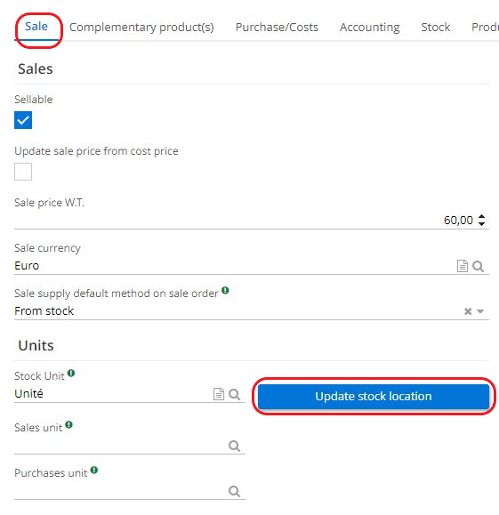 1.3. Open product file, then open the Sale tab. Then, click on the button Update stock location in the Units section to update the unit in the stock location.